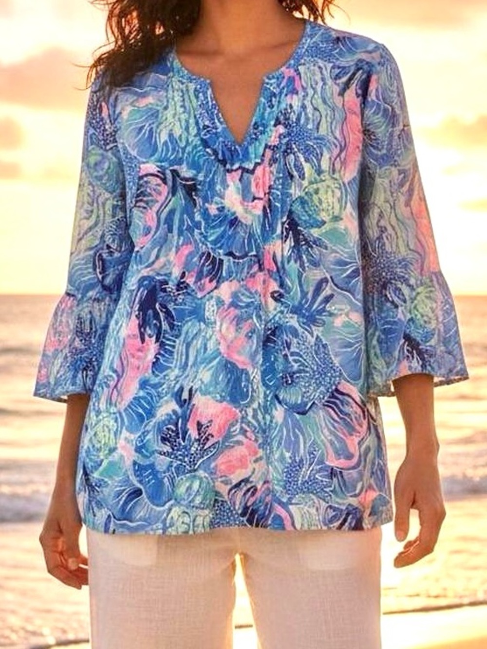 Lilly Pulitzer Hollie Linen Tunic Top Saltwater Blue Shade Seekers Beach Large